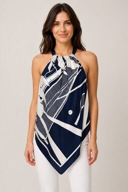 Trina Turk Navy Tennis Print Halter Handkerchief Top Medium